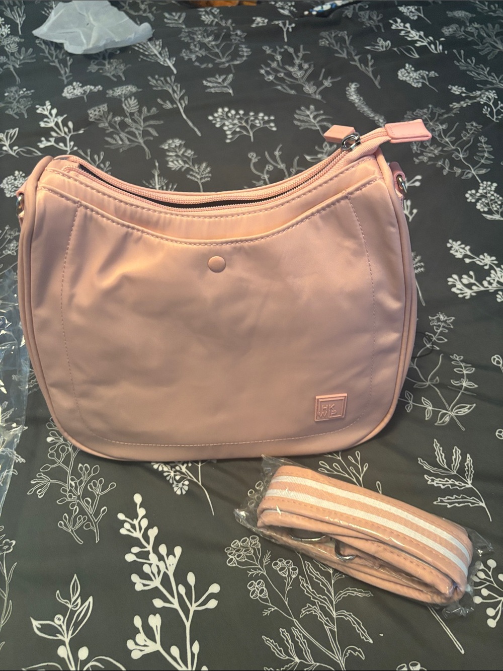 Blush Pink Crossbody Bag with Adjustable Striped Strap